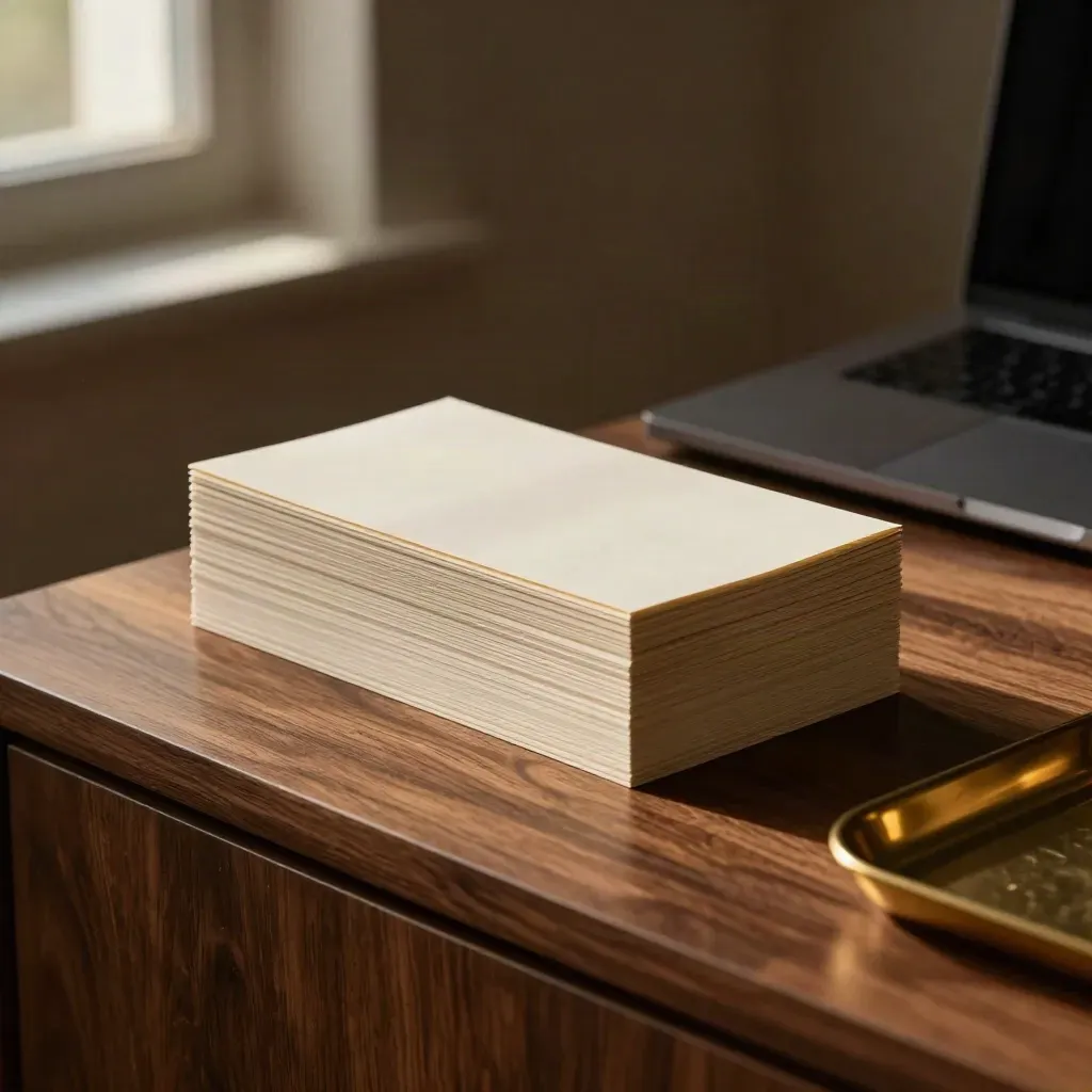 Websitecopy-kit met kaarten, proofslips en gesloten laptop op een warme houten sideboard.