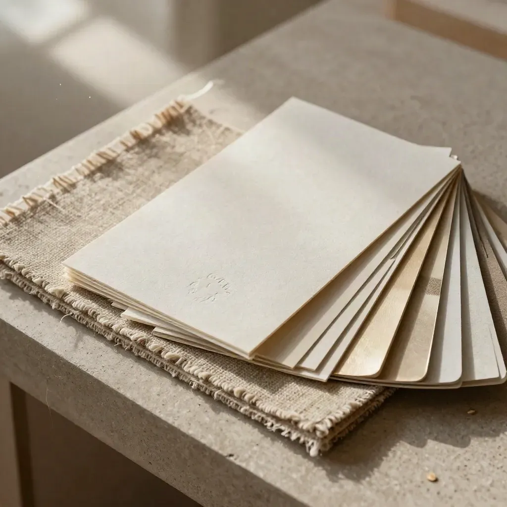 Macro van materiaalstalen met linnen, papier, embossing en foliestroken in zacht licht.