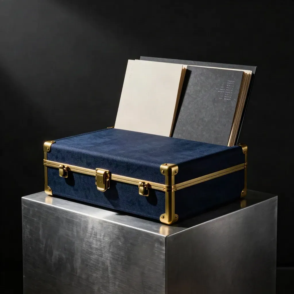 Navy brandstrategiecase op sokkel in rook en donker, met gouden details.
