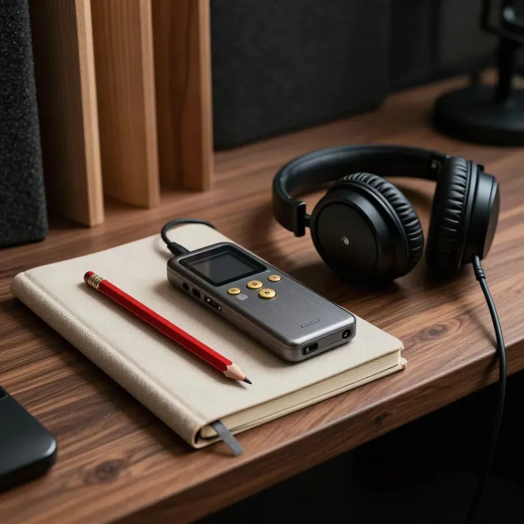 Audio recorder, potlood, notitieboek en koptelefoon op warme houten plank