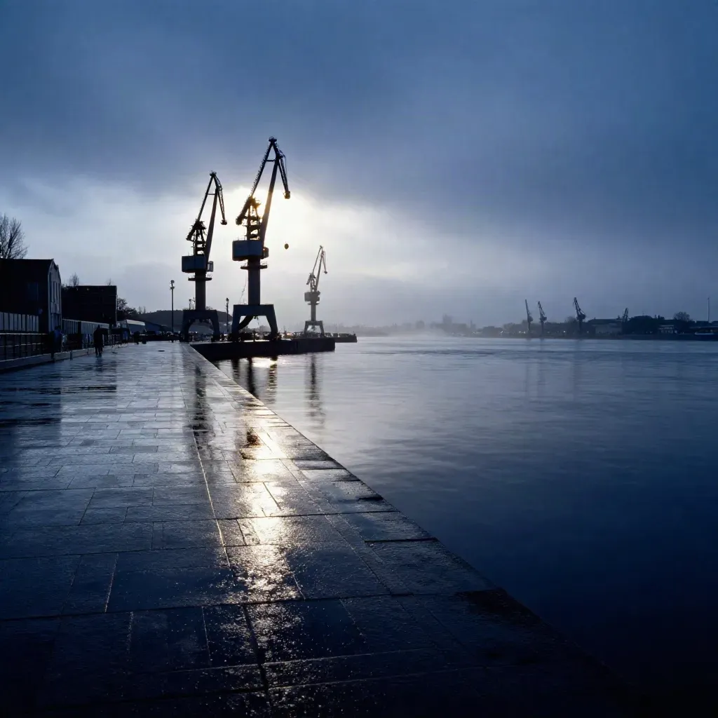 IJ-oever in Amsterdam bij blauwe uur, natte kade en kranen boven spiegelzwart water.