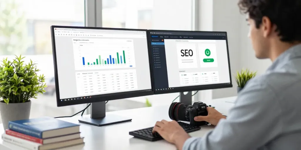 SEO specialist analyseert websiteprestaties met SEO-tools in een moderne kantooromgeving.