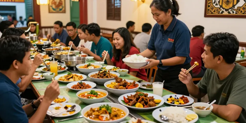Enjoying Nasi Kandar at a vibrant restaurant while accessing rokok88 link login for great deals.